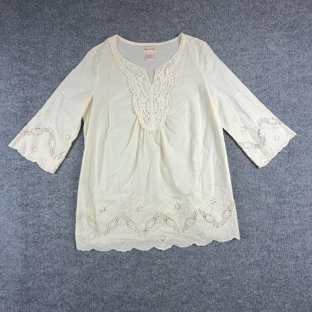 Toffee Apple Blouse Womens Large White Embroidered Crochet 3/4 Bell Sleeve Tunic